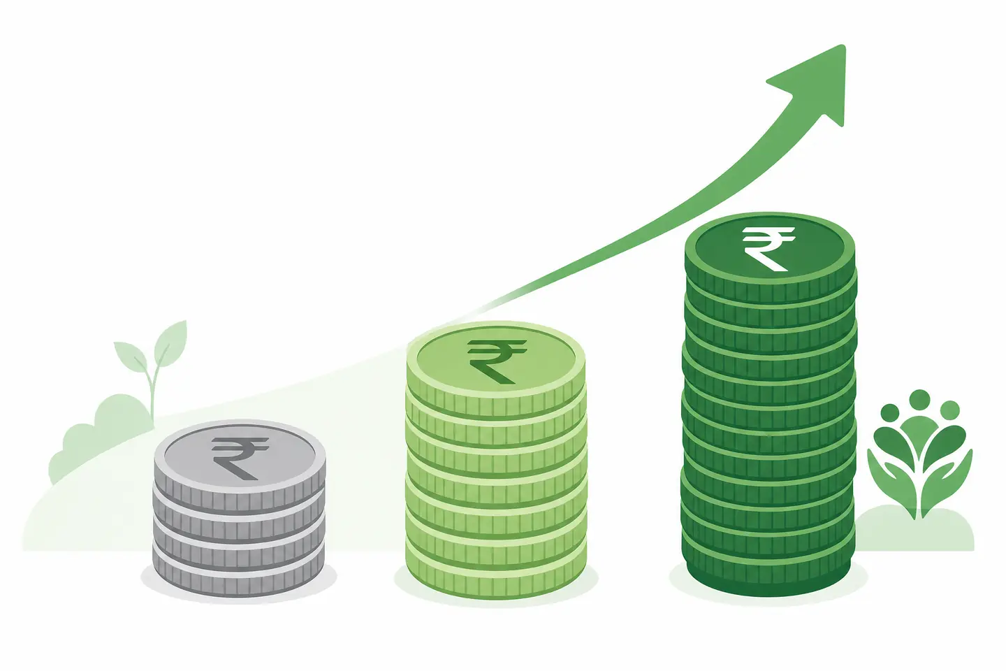 Payout growth from Lakshmir Bhandar to Annapurna Bhandar shown as rising stacks of rupee coins