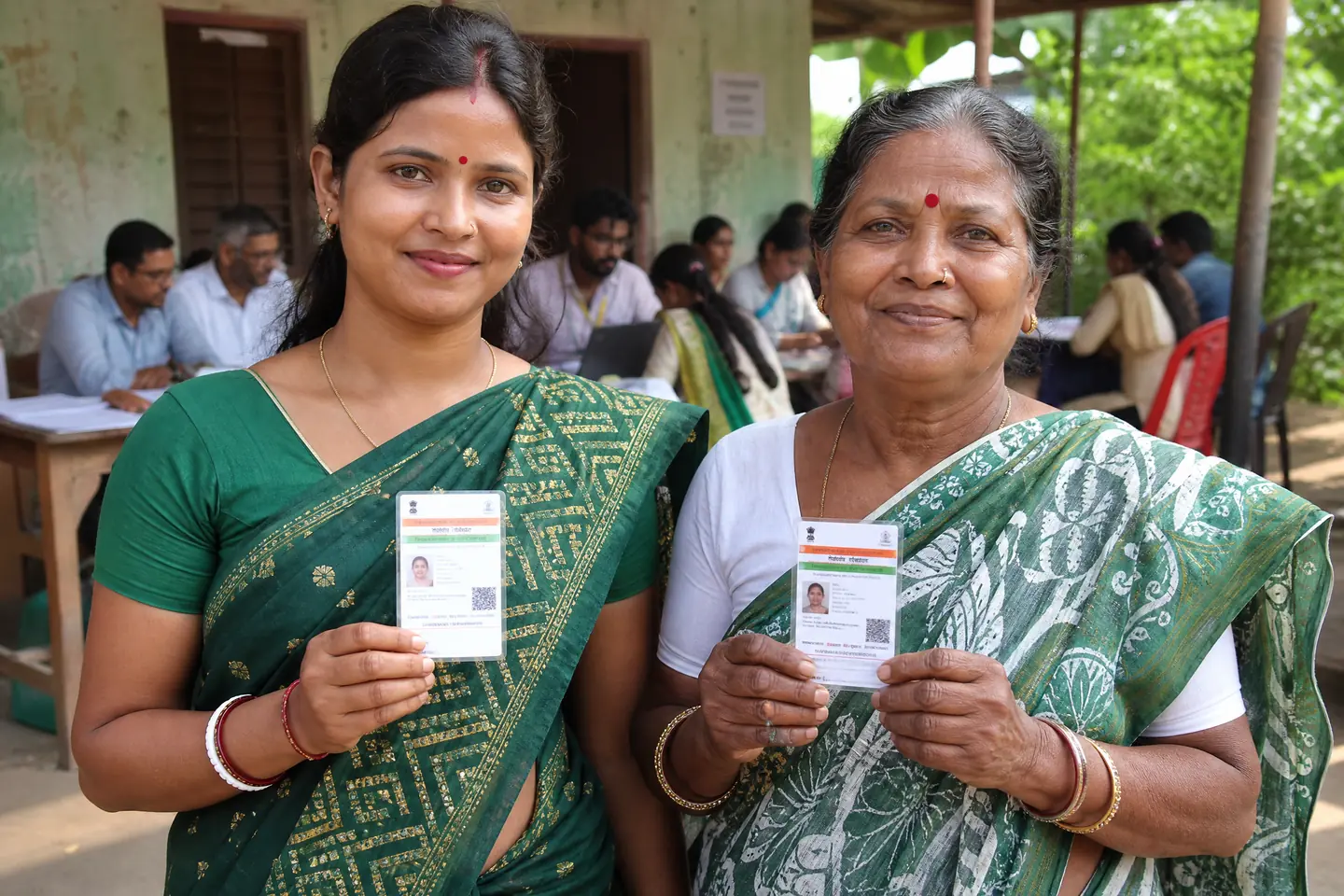 Two Indian women of different ages holding Aadhaar cards at a village registration camp in West Bengal