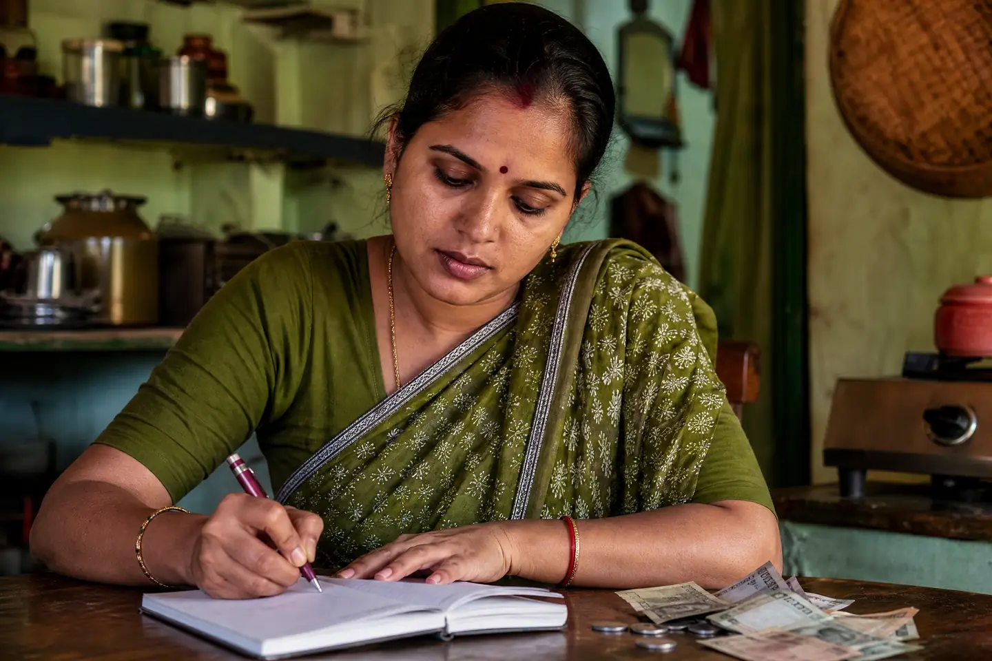 Indian woman calculating household income and family budget for scheme application at home