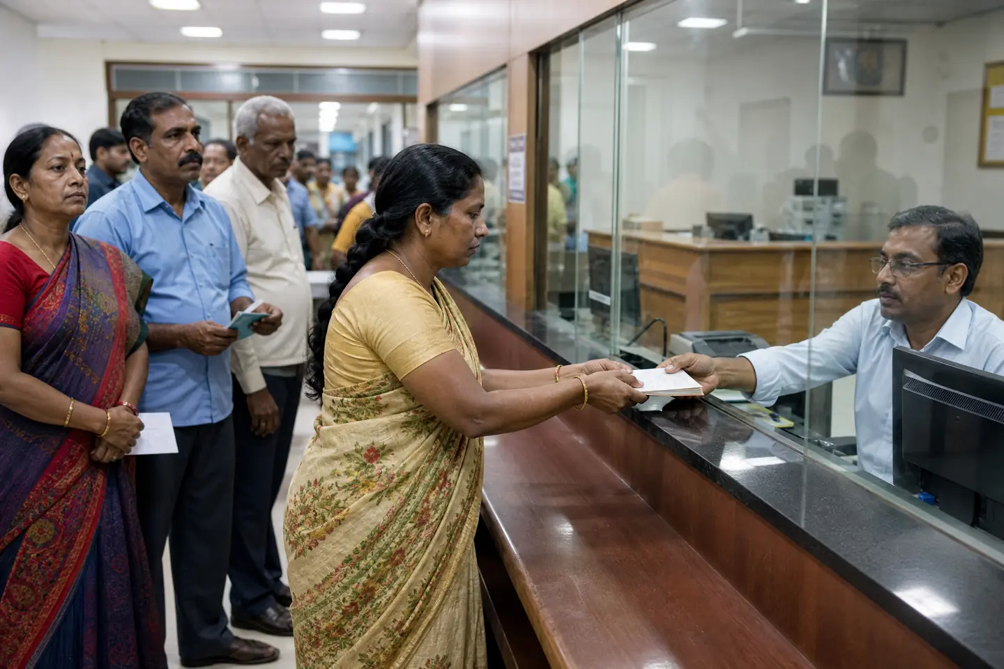 Woman submitting passbook at a bank counter to fix a failed Annapurna Bhandar DBT payment