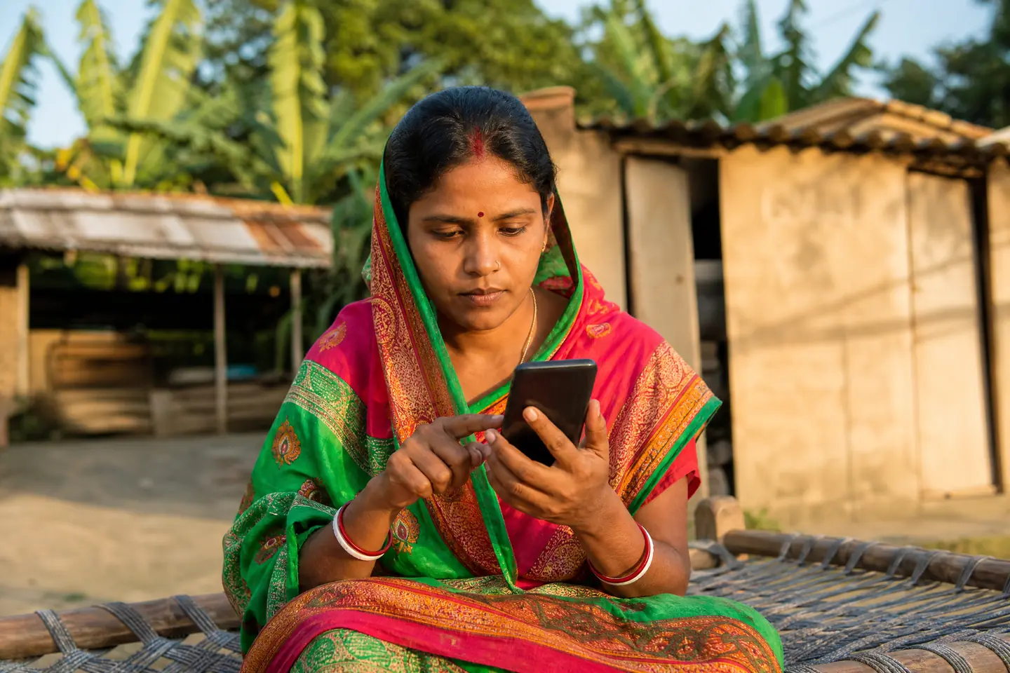 Woman checking Annapurna Bhandar status on her mobile phone at a village home in West Bengal