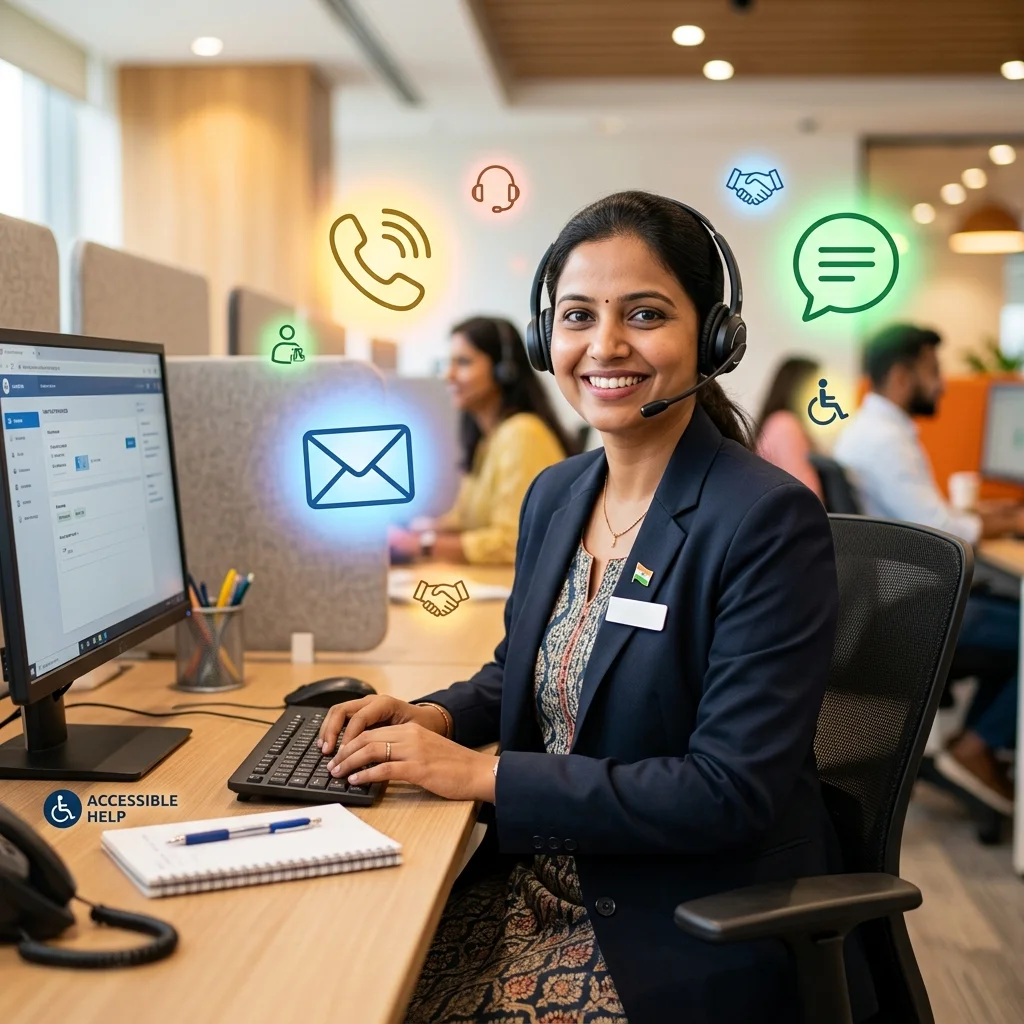 Customer support helpline representative with envelope phone icons