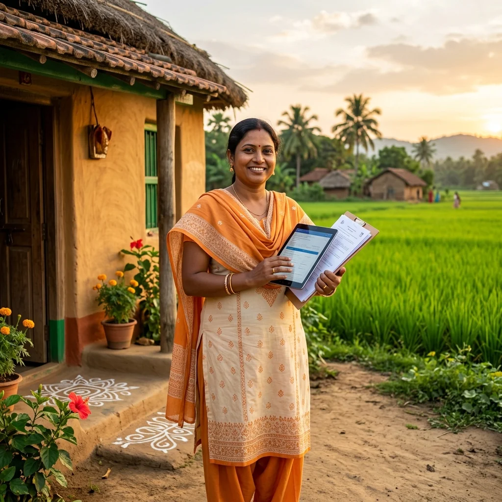 Empowered Indian woman in West Bengal village holding a tablet representing financial security