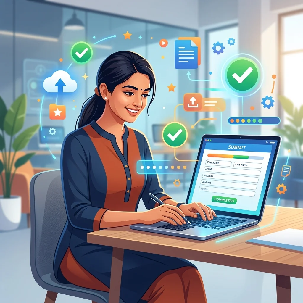 Indian woman working on laptop submitting government registration form
