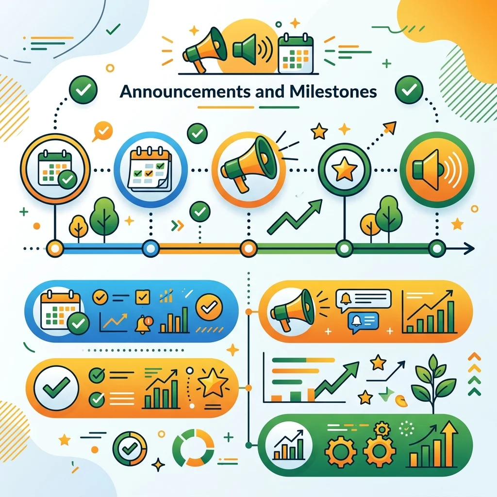 Milestones timeline chart calendar megaphone icons