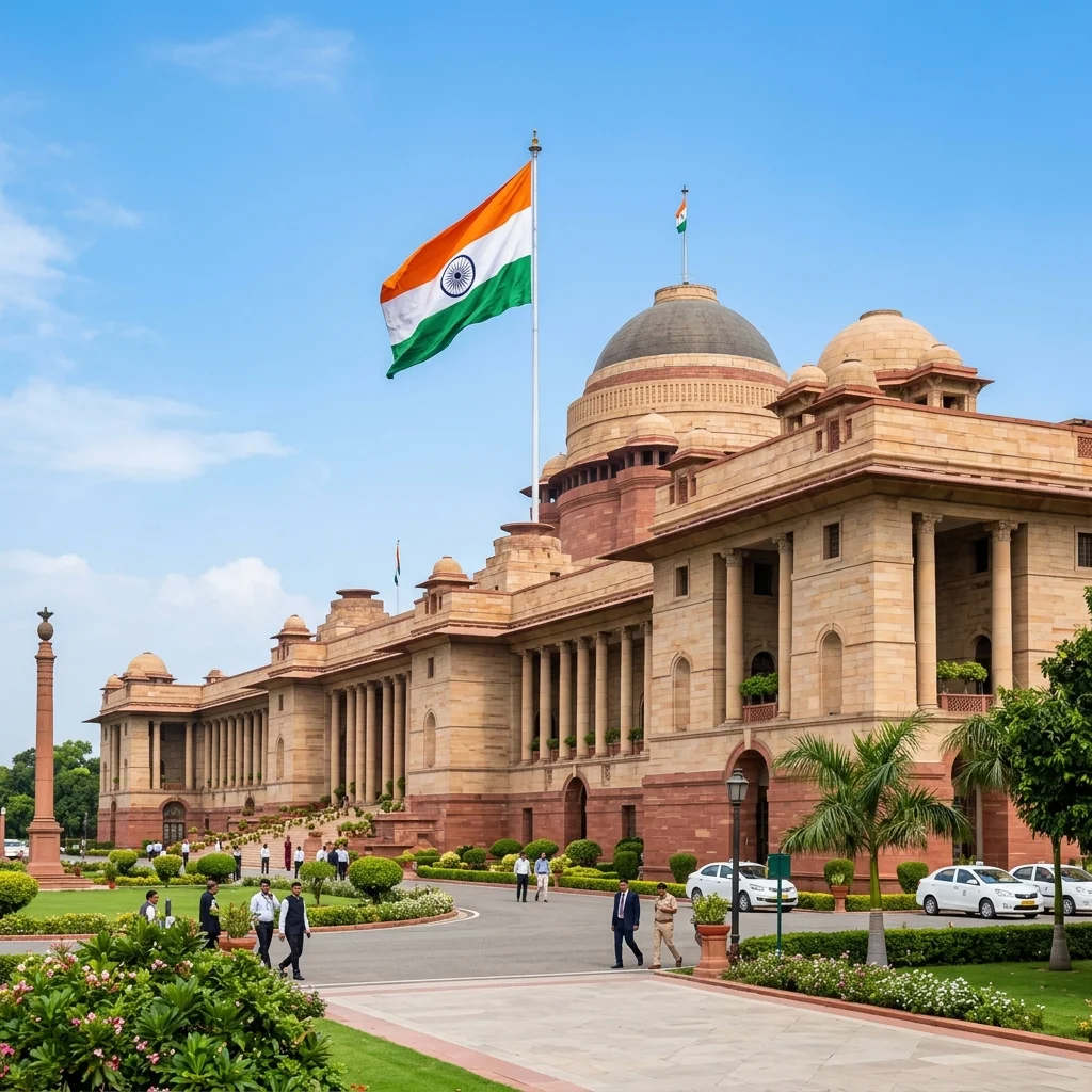 Indian government building with flag representing scheme authority