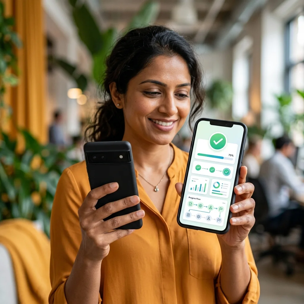 Indian woman checking her payment status on a mobile app dashboard