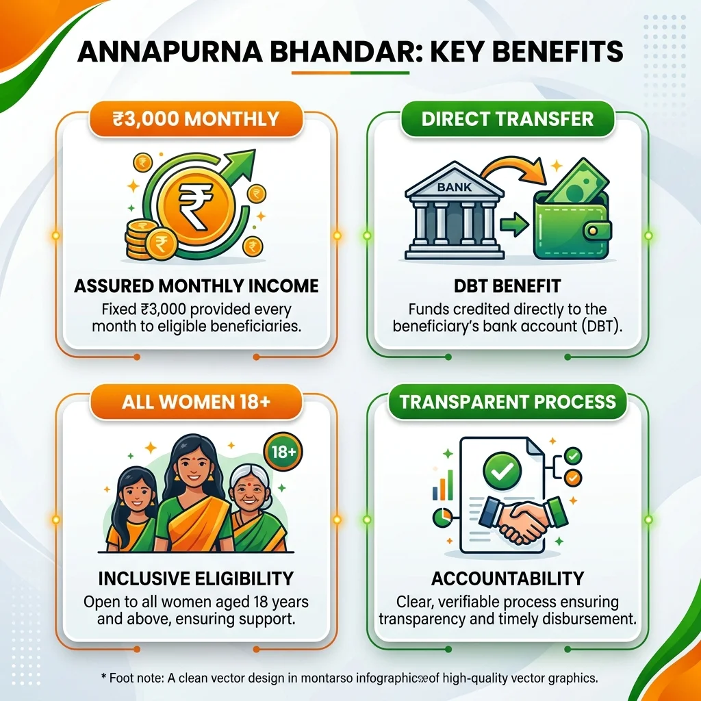 Four benefit boxes layout representing monthly rupee amount, direct DBT transfer, and transparency