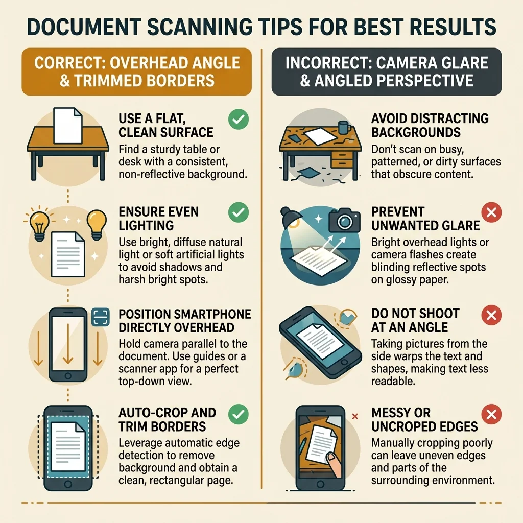 Document Scanning Guidelines Infographic: Correct Angles and Clear Backgrounds vs Flash Glare and Shadows