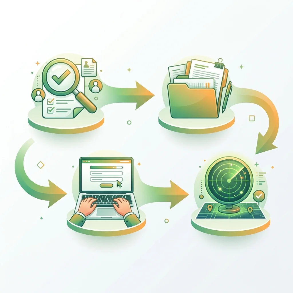 Step 1 Check Eligibility, Step 2 Prepare Documents, Step 3 Apply Online, Step 4 Track Status